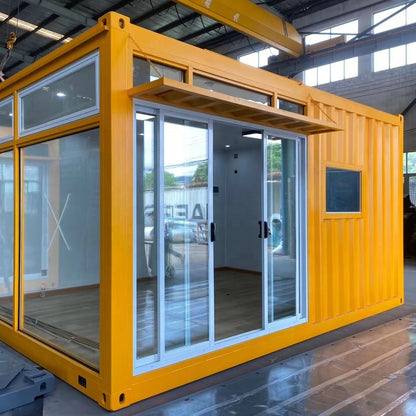 Container bureau mobile 20 pieds x 8, couleur jaune, bien vitré avec installation électrique et chauffage